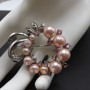 Vintage Pink Faux Pearl Pink Rhinestone Brooch, Silver Tone, 2 Inches
